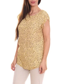 Poloshirts & Blusen*Tamaris Damen Kurzarm-Bluse mit Allover Muster ärmelloses Sommer-Shirt Gelb, oder Blau/Lila Schwarz/Blau