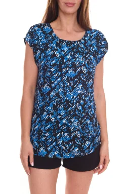 Poloshirts & Blusen*Tamaris Damen Kurzarm-Bluse mit Allover Muster ärmelloses Sommer-Shirt Gelb, oder Blau/Lila Schwarz/Blau