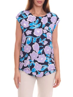 Poloshirts & Blusen*Tamaris Damen Kurzarm-Bluse mit Allover Muster ärmelloses Sommer-Shirt Gelb, oder Blau/Lila Schwarz/Blau