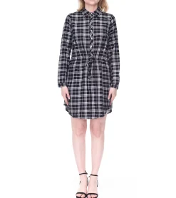 Kleider*Tamaris Damen Midi-Kleid mit langen Ärmeln kariertes Web-Kleid mit Knöpfen 30632734 Schwarz/Weiß