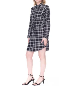 Kleider*Tamaris Damen Midi-Kleid mit langen Ärmeln kariertes Web-Kleid mit Knöpfen 30632734 Schwarz/Weiß