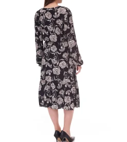 Kleider*Tamaris Damen Midi-Kleid mit langen Ärmeln Web-Kleid mit V-Ausschnitt 28185858 Schwarz/Beige