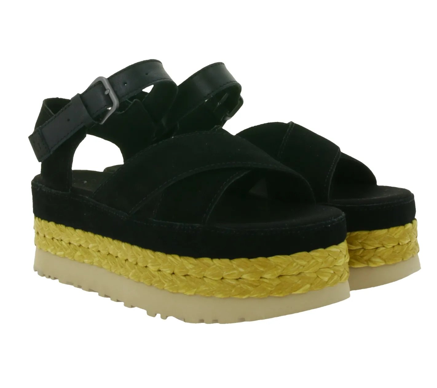 Zehentrenner & Sandalen*UGG Australia Aubrey Ankle Strap Damen Echtleder-Sandalette Plateau Sommer-Schuhe mit EVA-Sohle W/1167471 Schwarz