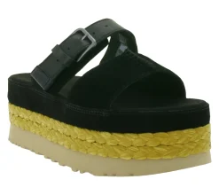 Zehentrenner & Sandalen*UGG Australia Aubrey Slide Damen Echtleder-Schlappen Plateau Pantoletten Sommer-Schuhe mit EVA-Sohle W/1167451 Schwarz