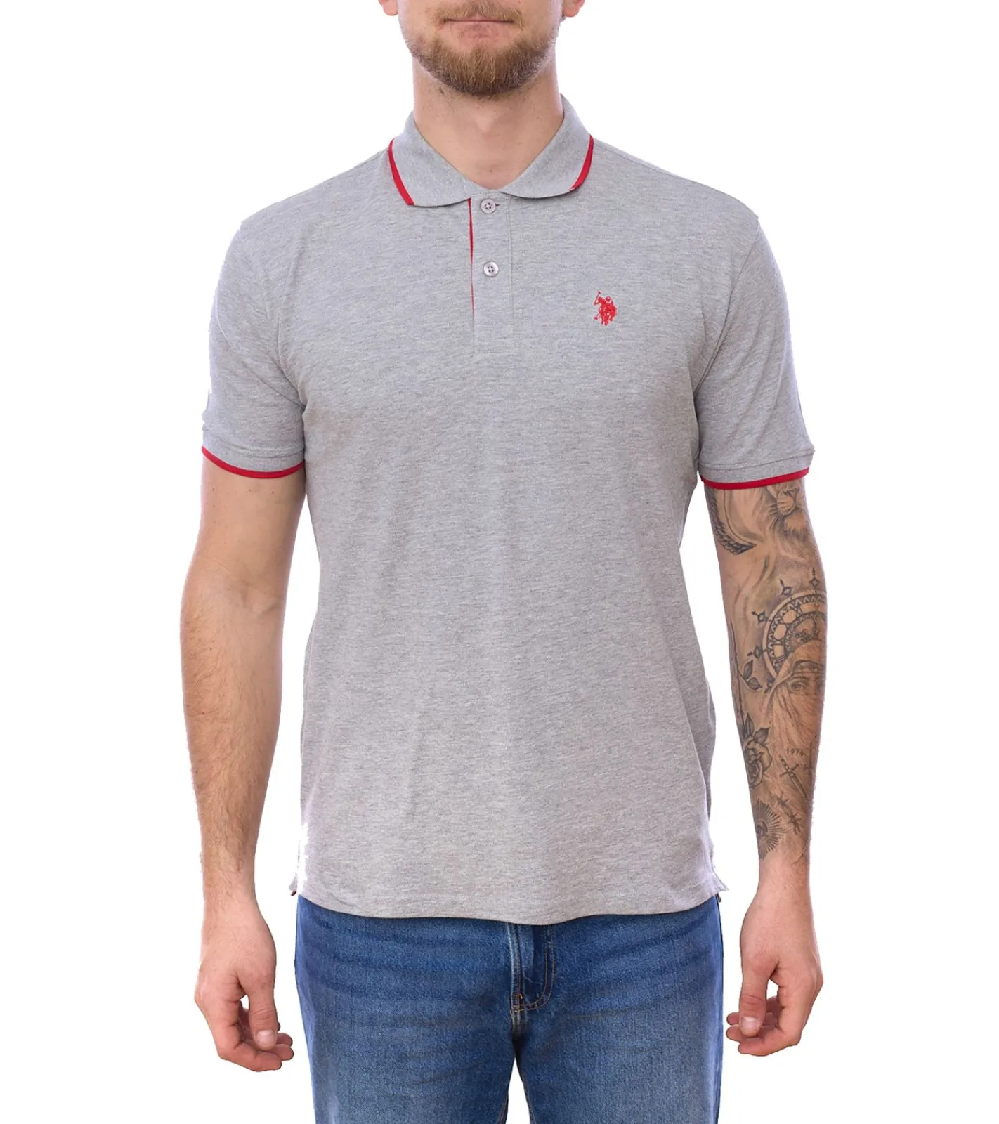 Hemden & Poloshirts*U.S. POLO ASSN. Herren Polo-Shirt Basic-Shirt Baumwoll-Shirt Kurzarm-Shirt 197 63899 52520 182 Grau/Rot