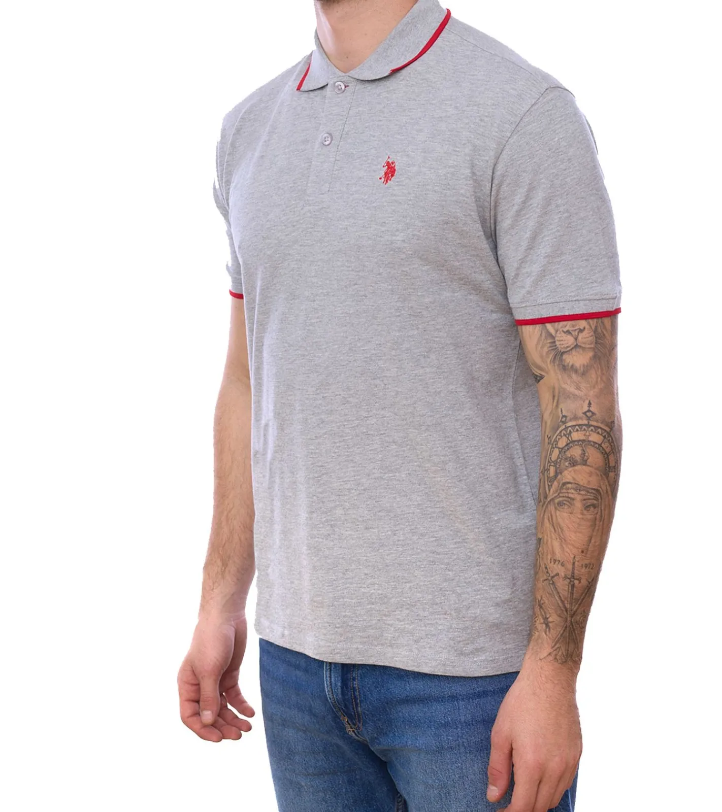 Hemden & Poloshirts*U.S. POLO ASSN. Herren Polo-Shirt Basic-Shirt Baumwoll-Shirt Kurzarm-Shirt 197 63899 52520 182 Grau/Rot