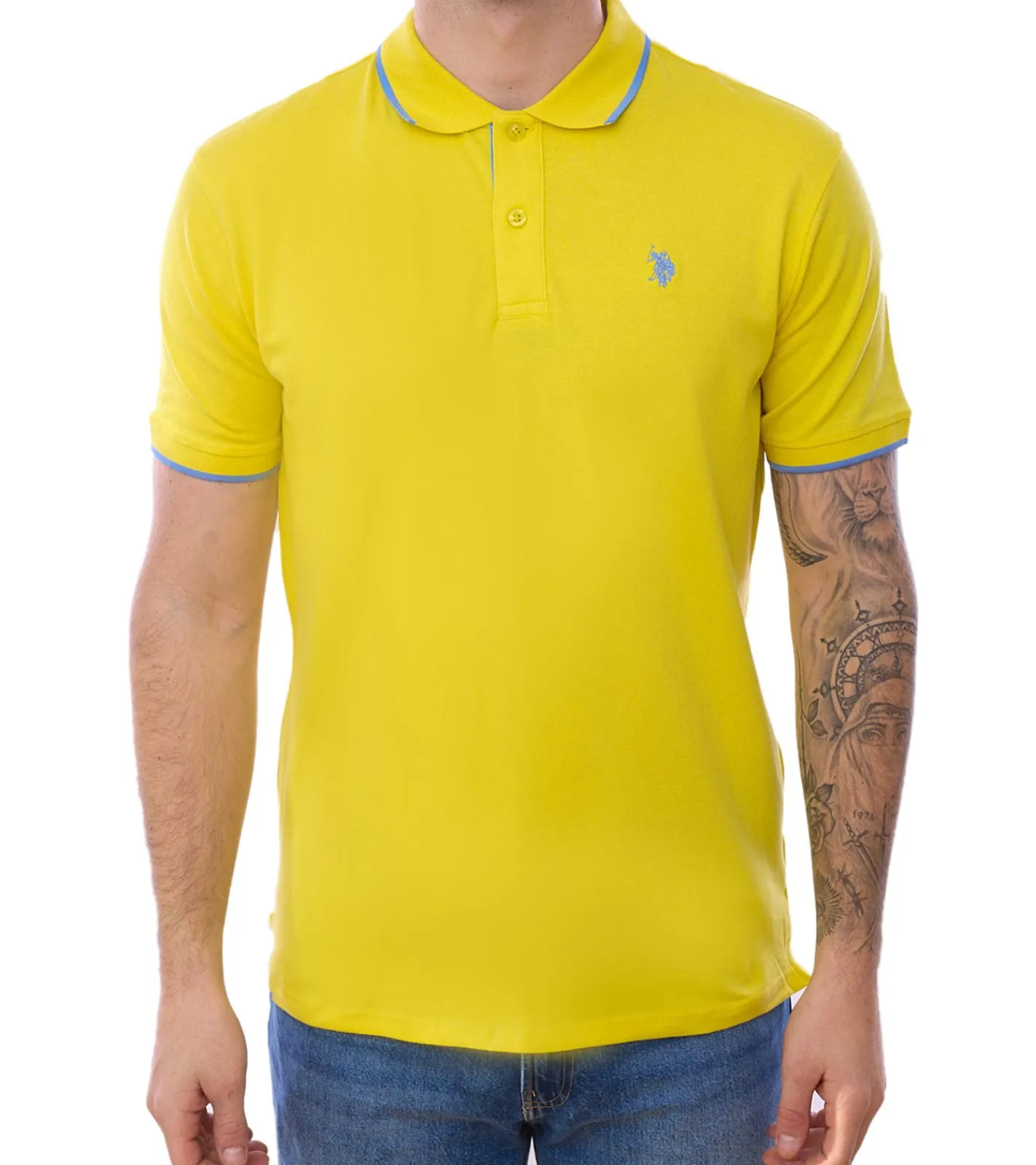 Hemden & Poloshirts*U.S. POLO ASSN. Herren Polo-Shirt Basic-Shirt Baumwoll-Shirt Kurzarm-Shirt 197 63899 52520 115 Gelb/Hellblau