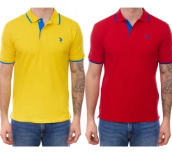 Hemden & Poloshirts*U.S. POLO ASSN. Herren Polo-Shirt Basic-Shirt Baumwoll-Shirt Kurzarm-Shirt in Gelb oder Rot mit blauen Details