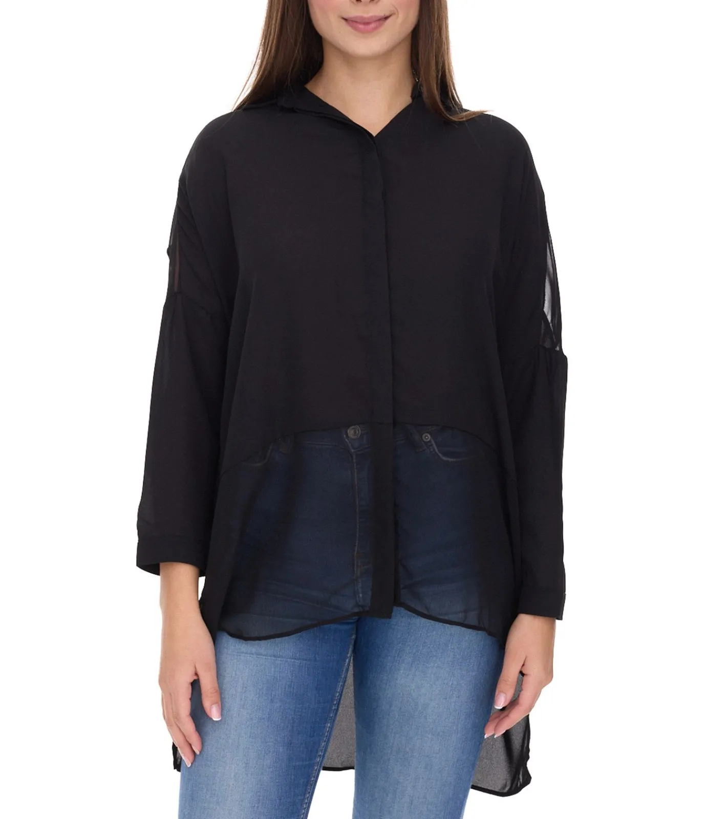 Poloshirts & Blusen*vestino Damen Boyfriend Hemd-Bluse mit transparenten Partien Sommer-Bluse 900509 Schwarz