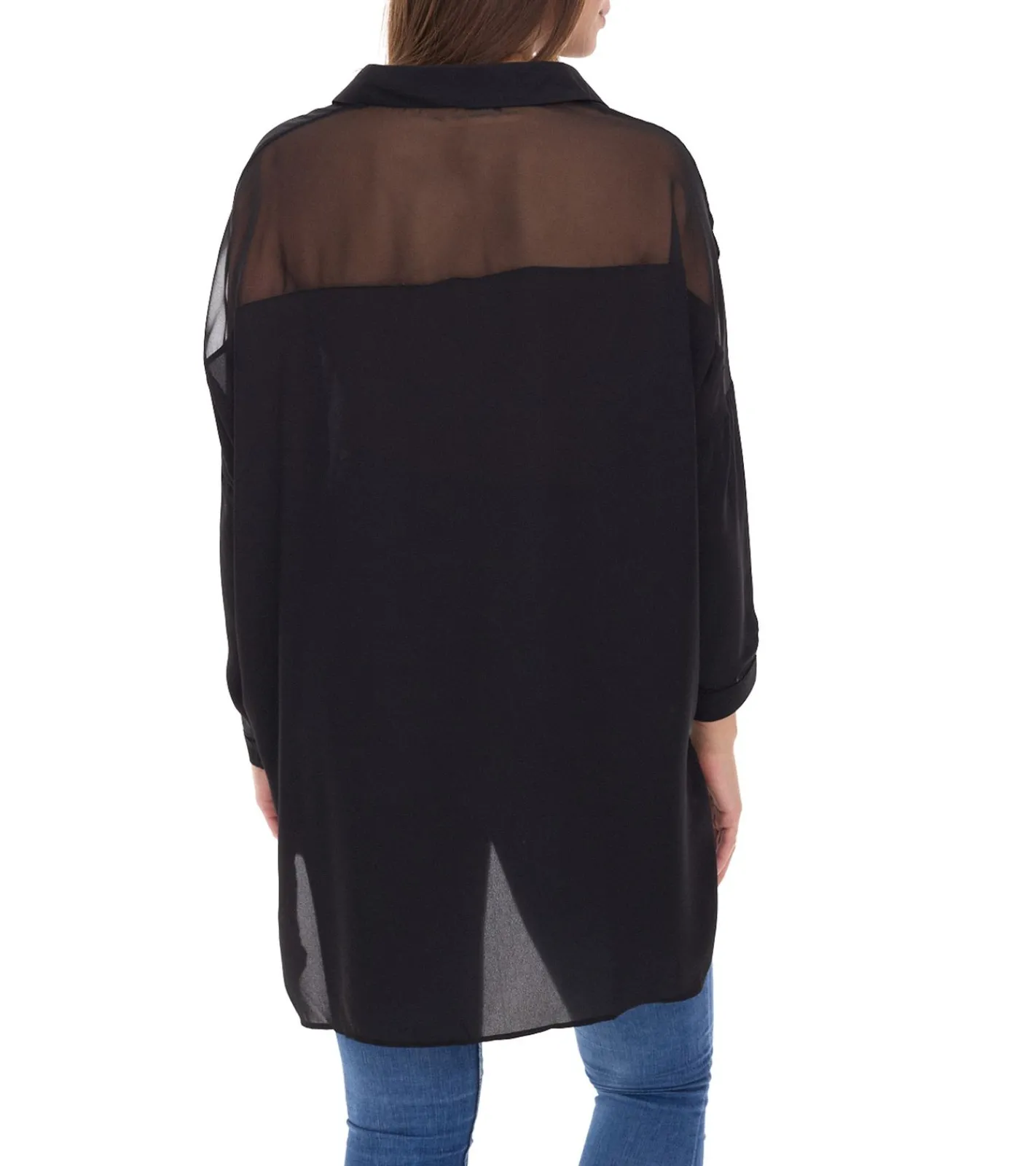 Poloshirts & Blusen*vestino Damen Boyfriend Hemd-Bluse mit transparenten Partien Sommer-Bluse 900509 Schwarz
