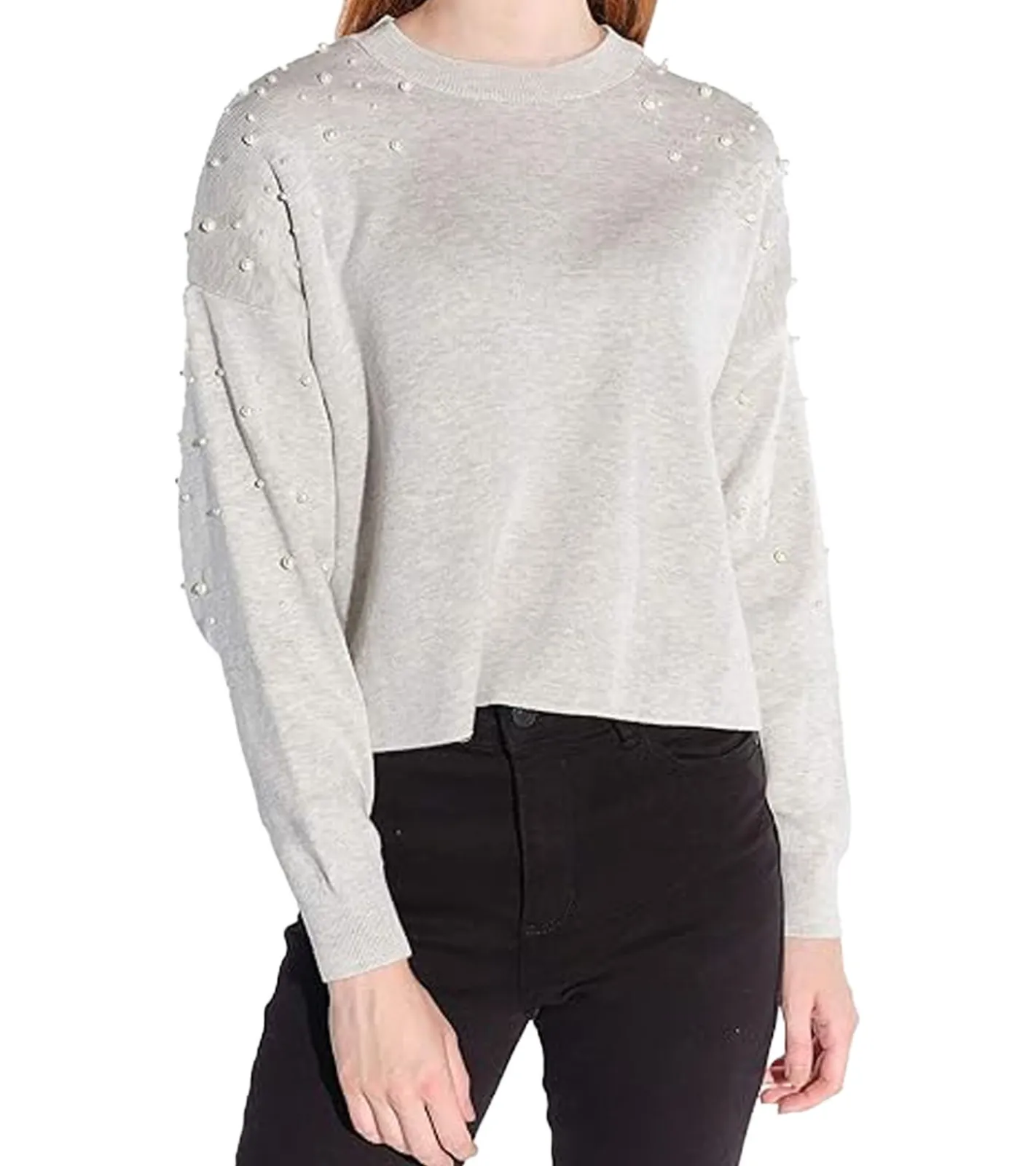 Sweater & Pullover*vestino Damen Cropped-Pullover mit genieteten Perlen Strick-Sweater 901148 Grau
