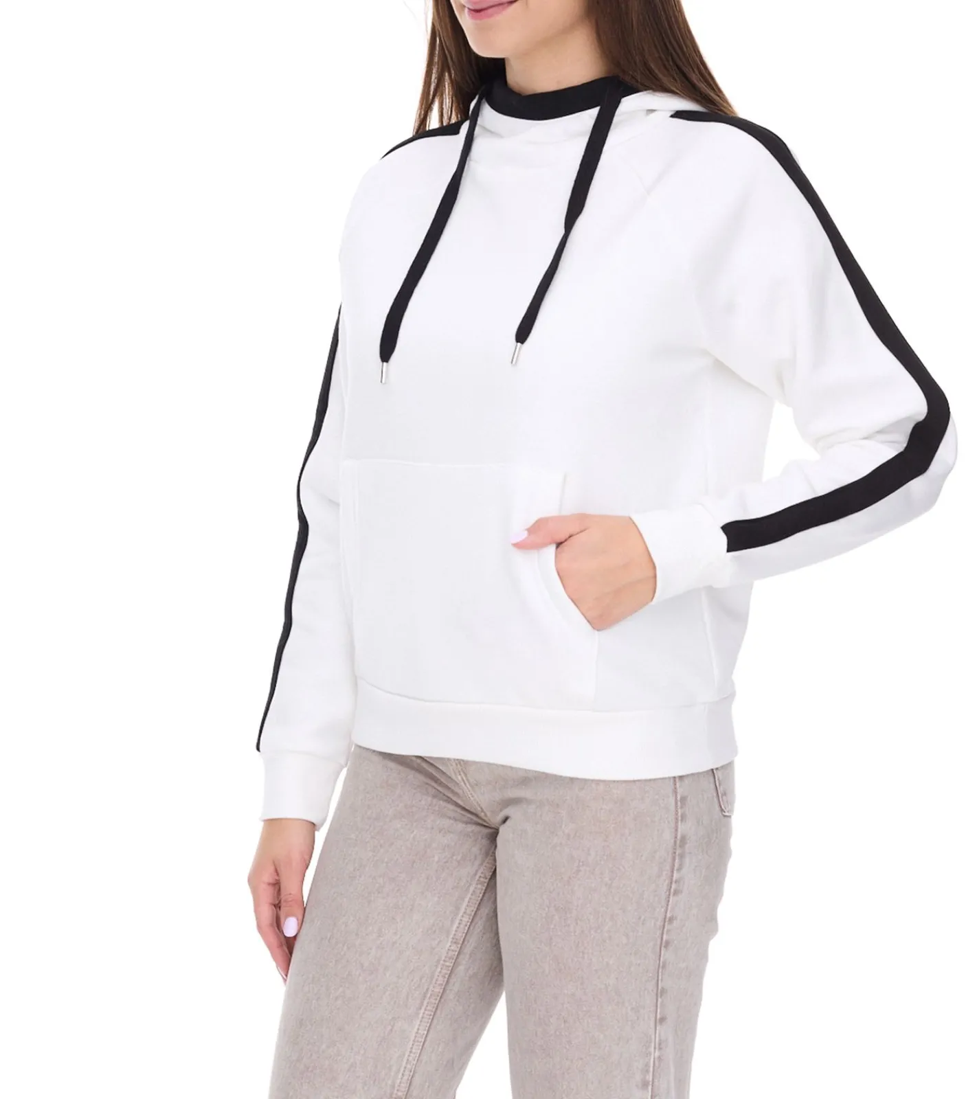 Sweater & Pullover*vestino Damen Hoodie mit Kontrast-Streifen Kapuzen-Pullover Alltags-Pulli 900031 Weiß