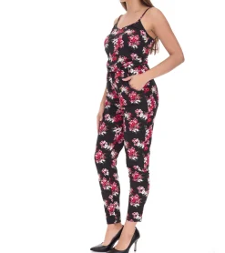 Jumpsuits*vestino Damen Jumpsuit mit Blumen-Print Sommer-Einteiler Langarm-Overall verstellbare Träger 900379 Schwarz