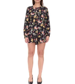 Jumpsuits*vestino Damen Jumpsuit mit Blumen-Print transparenter Sommer-Einteiler Langarm-Overall 900549 Schwarz