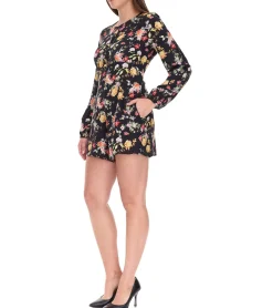 Jumpsuits*vestino Damen Jumpsuit mit Blumen-Print transparenter Sommer-Einteiler Langarm-Overall 900549 Schwarz