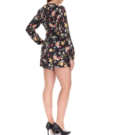 Jumpsuits*vestino Damen Jumpsuit mit Blumen-Print transparenter Sommer-Einteiler Langarm-Overall 900549 Schwarz