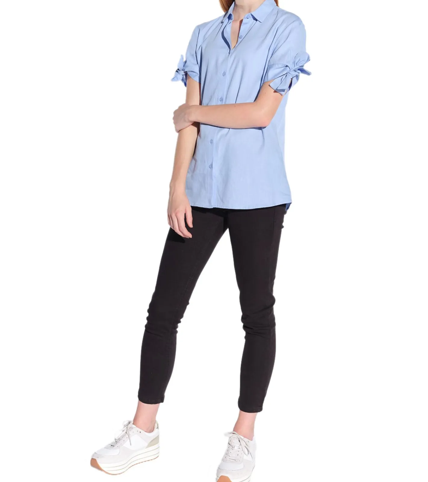 Poloshirts & Blusen*vestino Damen Kurzarm-Bluse mit Schleifen-Arm Hemd-Bluse Business-Shirt 901149 Blau