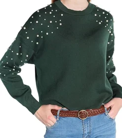 Sweater & Pullover*vestino Damen kurzer Strick-Pullover mit Baumwollanteil Cropped-Pullover mit Perlen Sommer-Sweater 901148 Grün