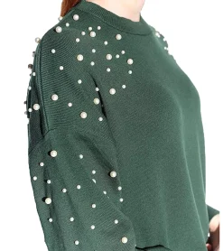 Sweater & Pullover*vestino Damen kurzer Strick-Pullover mit Baumwollanteil Cropped-Pullover mit Perlen Sommer-Sweater 901148 Grün