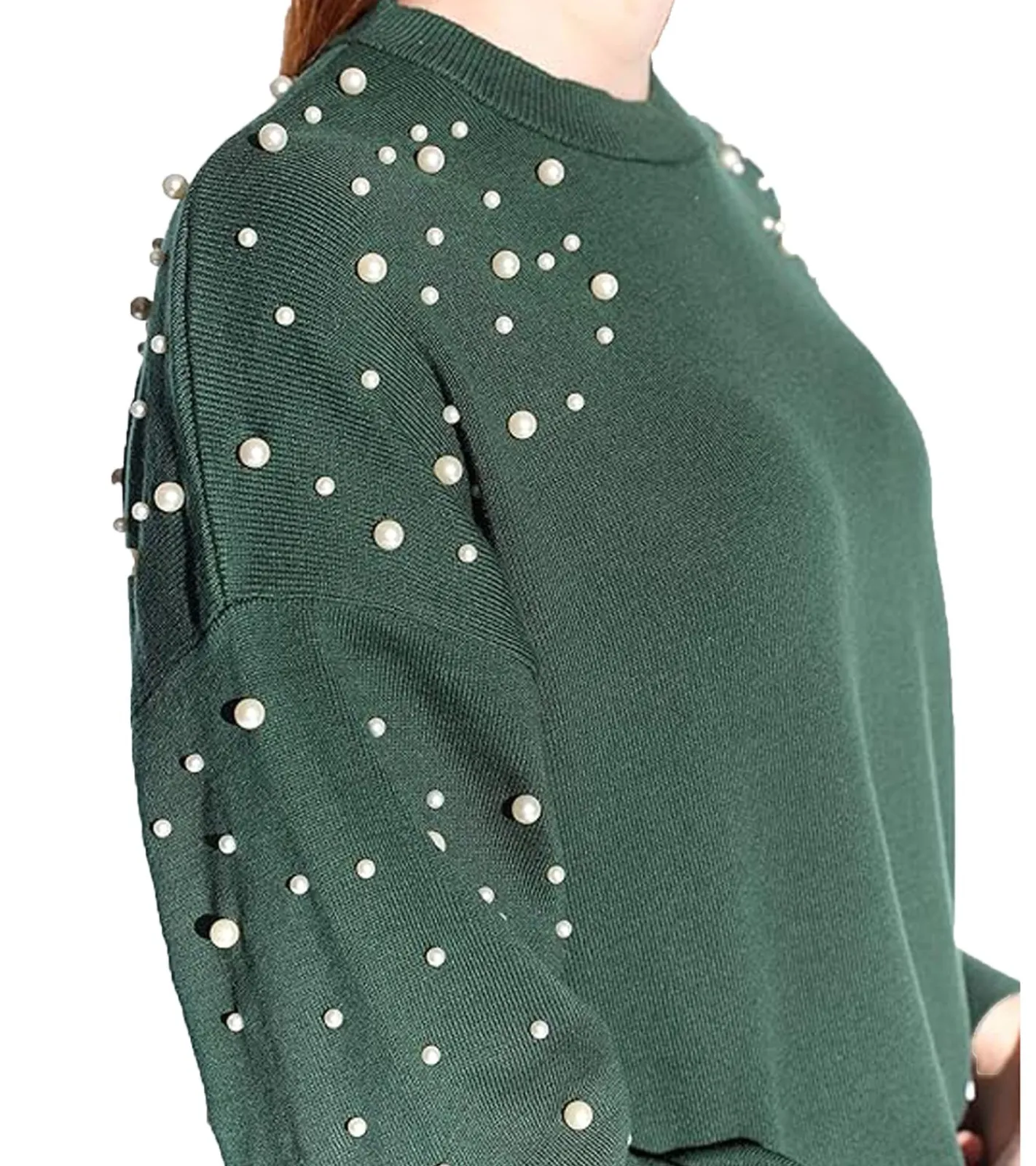 Sweater & Pullover*vestino Damen kurzer Strick-Pullover mit Baumwollanteil Cropped-Pullover mit Perlen Sommer-Sweater 901148 Grün