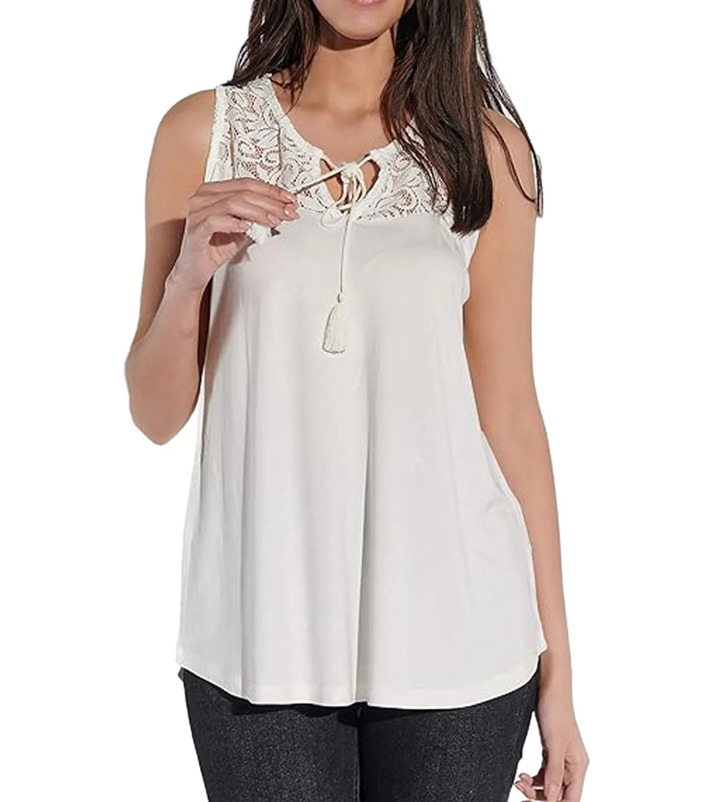 Poloshirts & Blusen*vestino Damen Sommer-Top mit Spitzen-Einsatz Freizeit-Shirt im Boho-Look 900630 Creme-Weiß