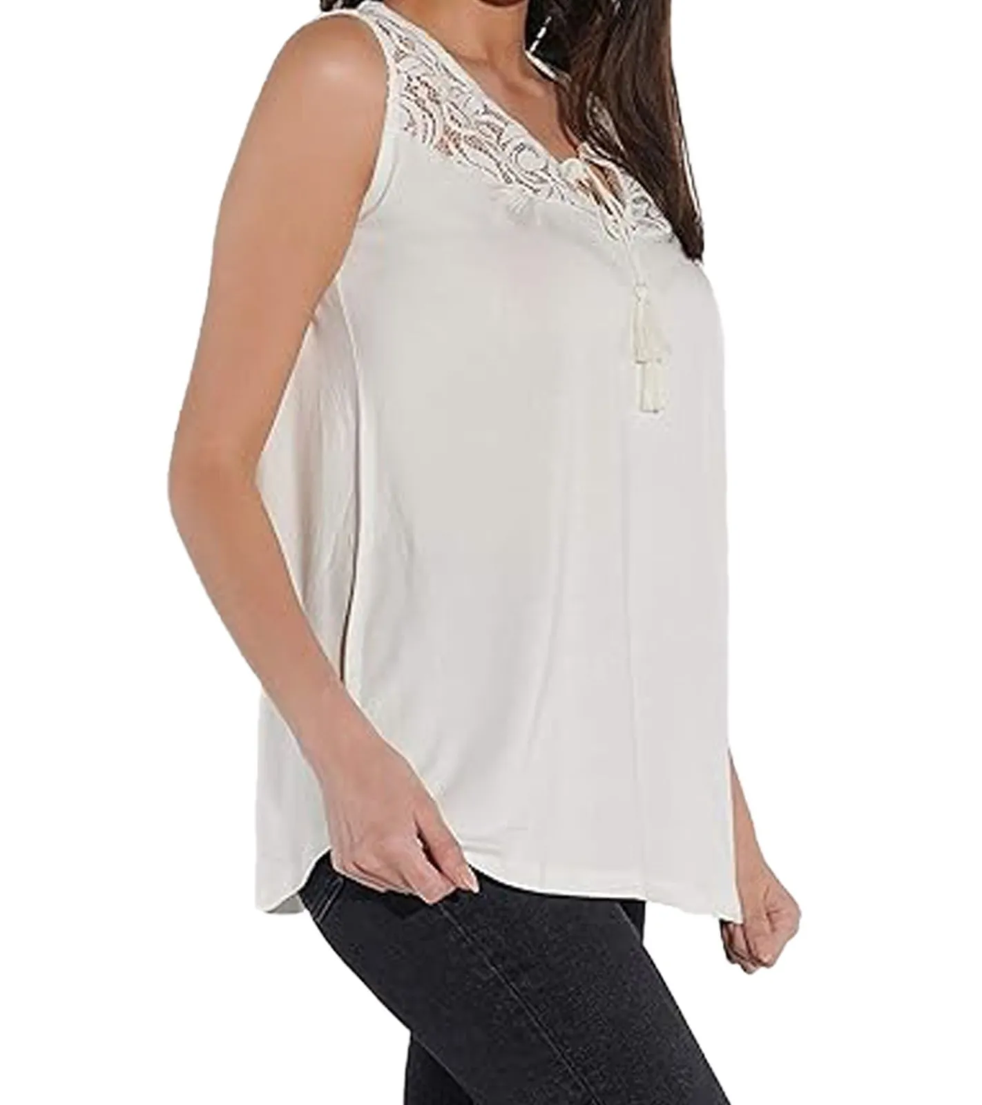 Poloshirts & Blusen*vestino Damen Sommer-Top mit Spitzen-Einsatz Freizeit-Shirt im Boho-Look 900630 Creme-Weiß