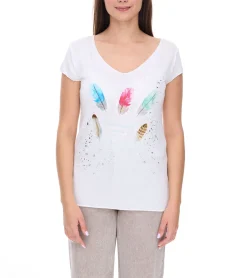Tops & T-Shirts*vestino Damen T-Shirt Kurzarm-Shirt mit Feder-Druck Sommer-Shirt 900548 Weiß
