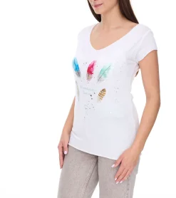 Tops & T-Shirts*vestino Damen T-Shirt Kurzarm-Shirt mit Feder-Druck Sommer-Shirt 900548 Weiß