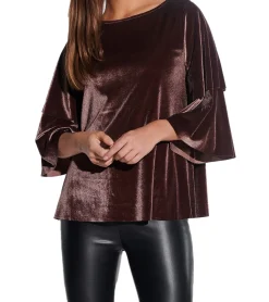 Sweater & Pullover|Tops & T-Shirts*vestino Damen weiches Samt-Shirt mit verspielten Volant-Ärmeln Freizeit-Shirt 901389 Braun