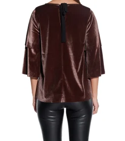 Sweater & Pullover|Tops & T-Shirts*vestino Damen weiches Samt-Shirt mit verspielten Volant-Ärmeln Freizeit-Shirt 901389 Braun