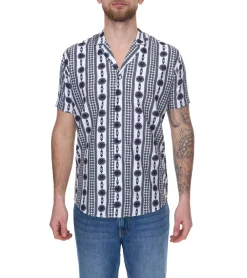 T-Shirts & Tank Tops*vsct Clubwear Herren Shirt mit Allover Geomatrix-Muster Kurzarm-Shirt mit Knopfleiste 5643309 Weiß/Schwarz