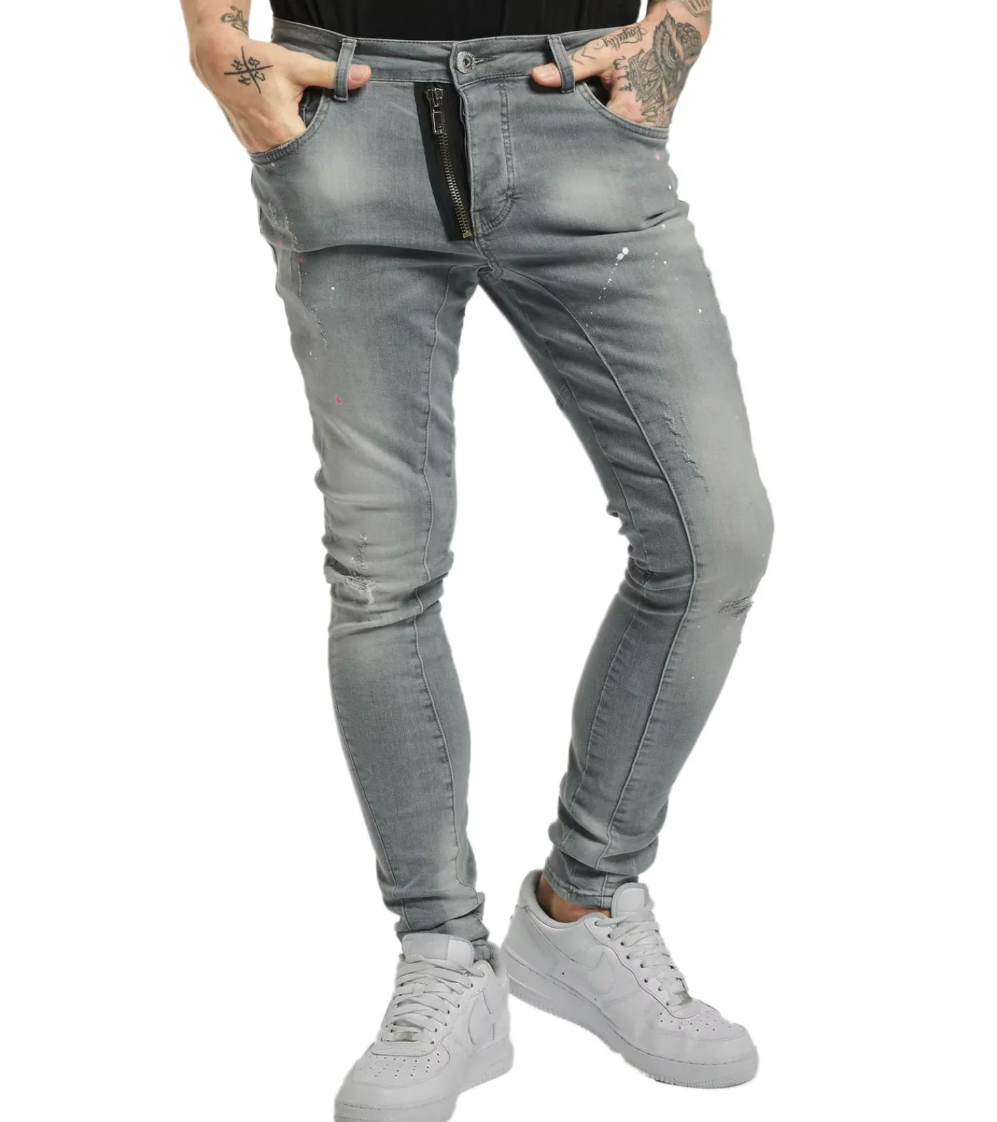 Jeans & Hosen*vsct Keanu Herren Slim-Fit Jeans im Destroyed-Look Denim-Hose mit Farbspritzer D5643094 Grau