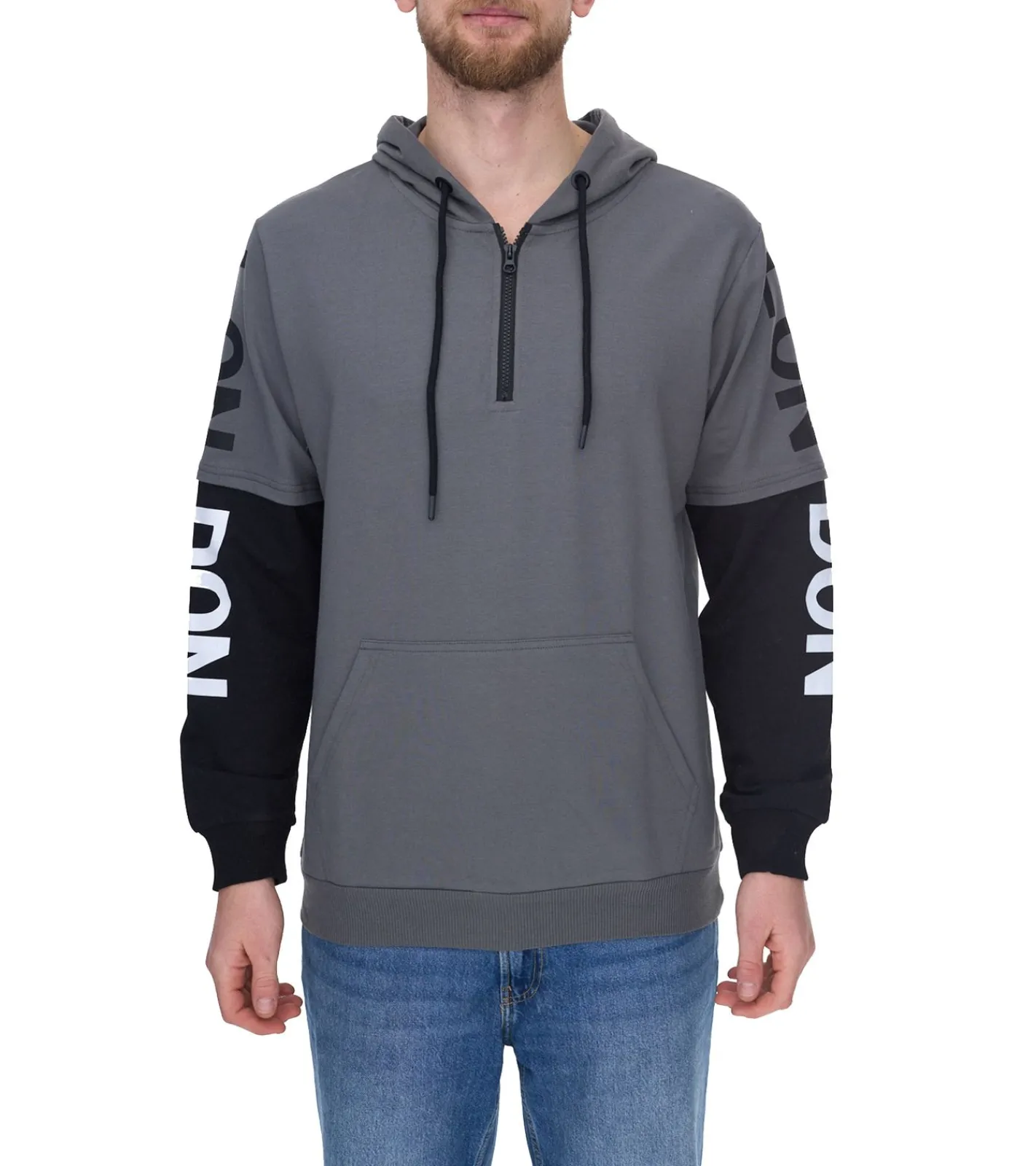 Pullover & Sweater*vsct LonDon 2In1 Herren Hoodie im 2-in-1-Look Baumwoll Kapuzen-Pullover 5643324 Grau/Schwarz