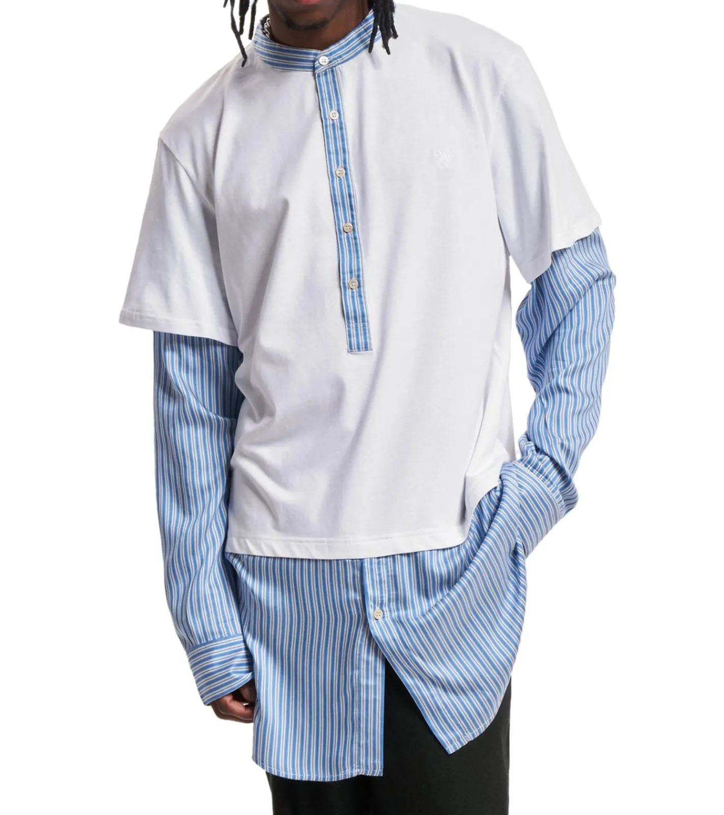 Große Größen|Poloshirts & Blusen*Wales Bonner Yé Yé Hybrid-Shirt Herren Hemd mit Seidenmischgewebe Langarm-Shirt Weiß/Blau