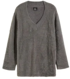 Sweater & Pullover*O46bpx weicher Damen Flausch-Pullover Strick-Pullover mit V-Ausschnitt Basic-Pulli aus Flauschgarn 924617 Grau