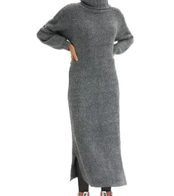 Große Größen|Kleider*O46bpx weiches Damen Midi-Kleid Basic-Kleid aus Boucle-Garn Langarm-Kleid 935820 Größe Größen Grau