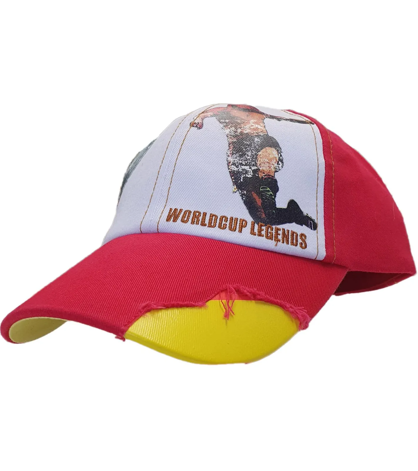 Caps & Mützen*SCRIMMAGE WORLDCUP LEGENDS Unisex Baseball-Cap im Spanien-Design Baumwoll-Cap mit Fußballspieler-Print Curved-Brim-Cap mit No.9-Print Damaged-Look TC110825RJA Rot/Bunt
