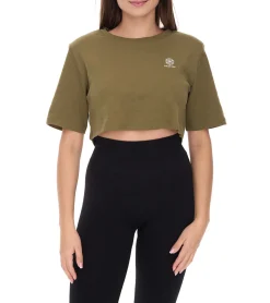 Tops & T-Shirts*YOU DO YOU Damen T-Shirt im Cropped-Style Fitness-Top mit Rücken-Cut Out Baumwoll-Shirt 905051 Khaki