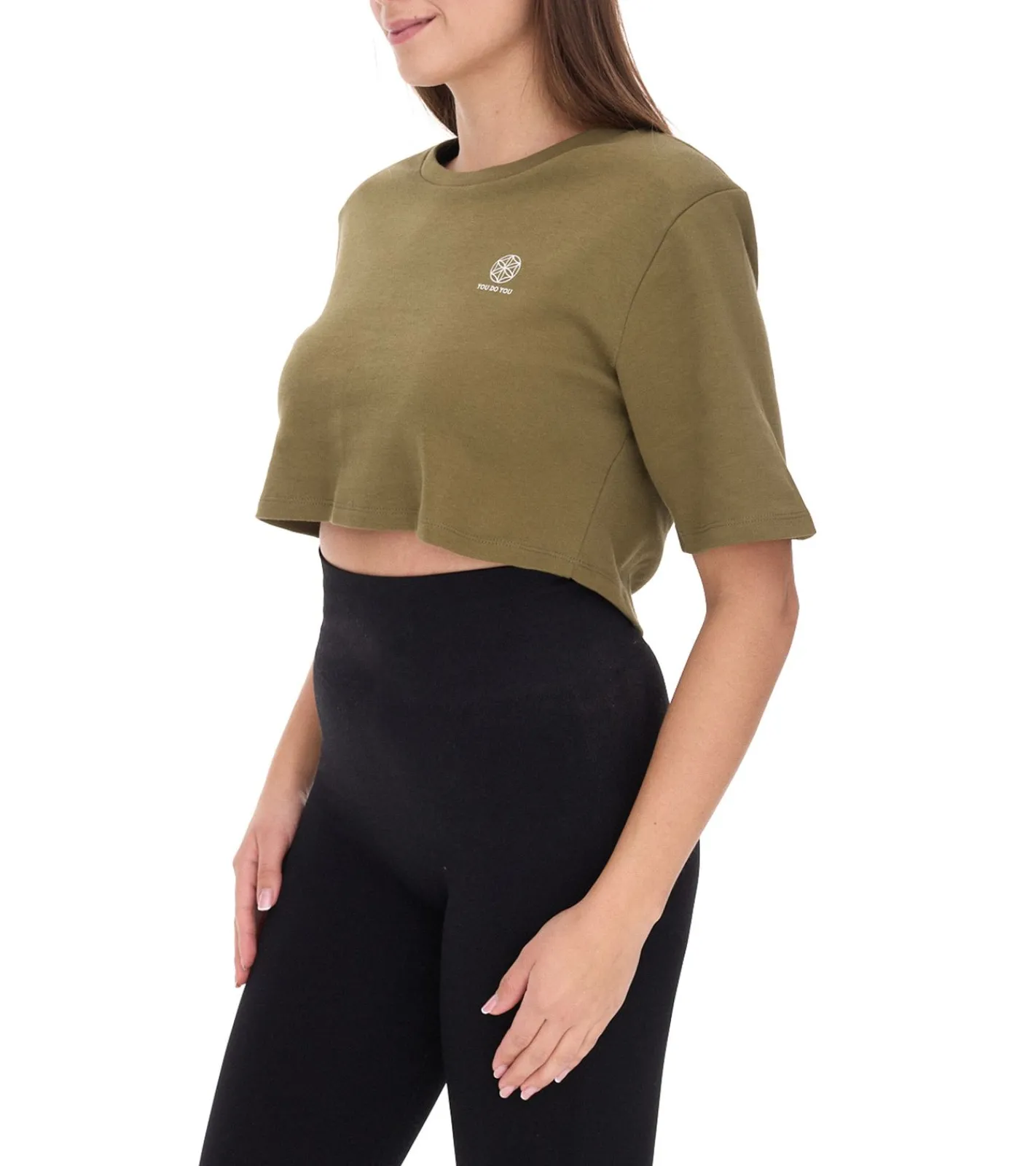 Tops & T-Shirts*YOU DO YOU Damen T-Shirt im Cropped-Style Fitness-Top mit Rücken-Cut Out Baumwoll-Shirt 905051 Khaki