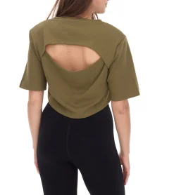 Tops & T-Shirts*YOU DO YOU Damen T-Shirt im Cropped-Style Fitness-Top mit Rücken-Cut Out Baumwoll-Shirt 905051 Khaki