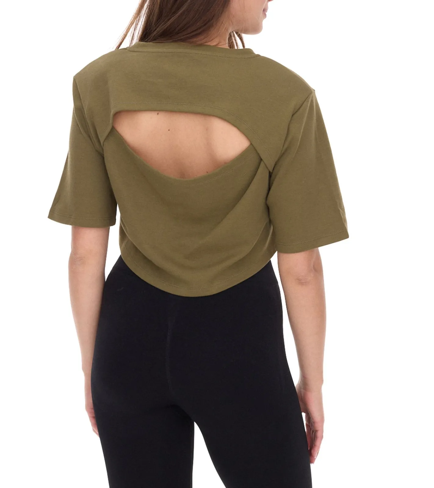 Tops & T-Shirts*YOU DO YOU Damen T-Shirt im Cropped-Style Fitness-Top mit Rücken-Cut Out Baumwoll-Shirt 905051 Khaki