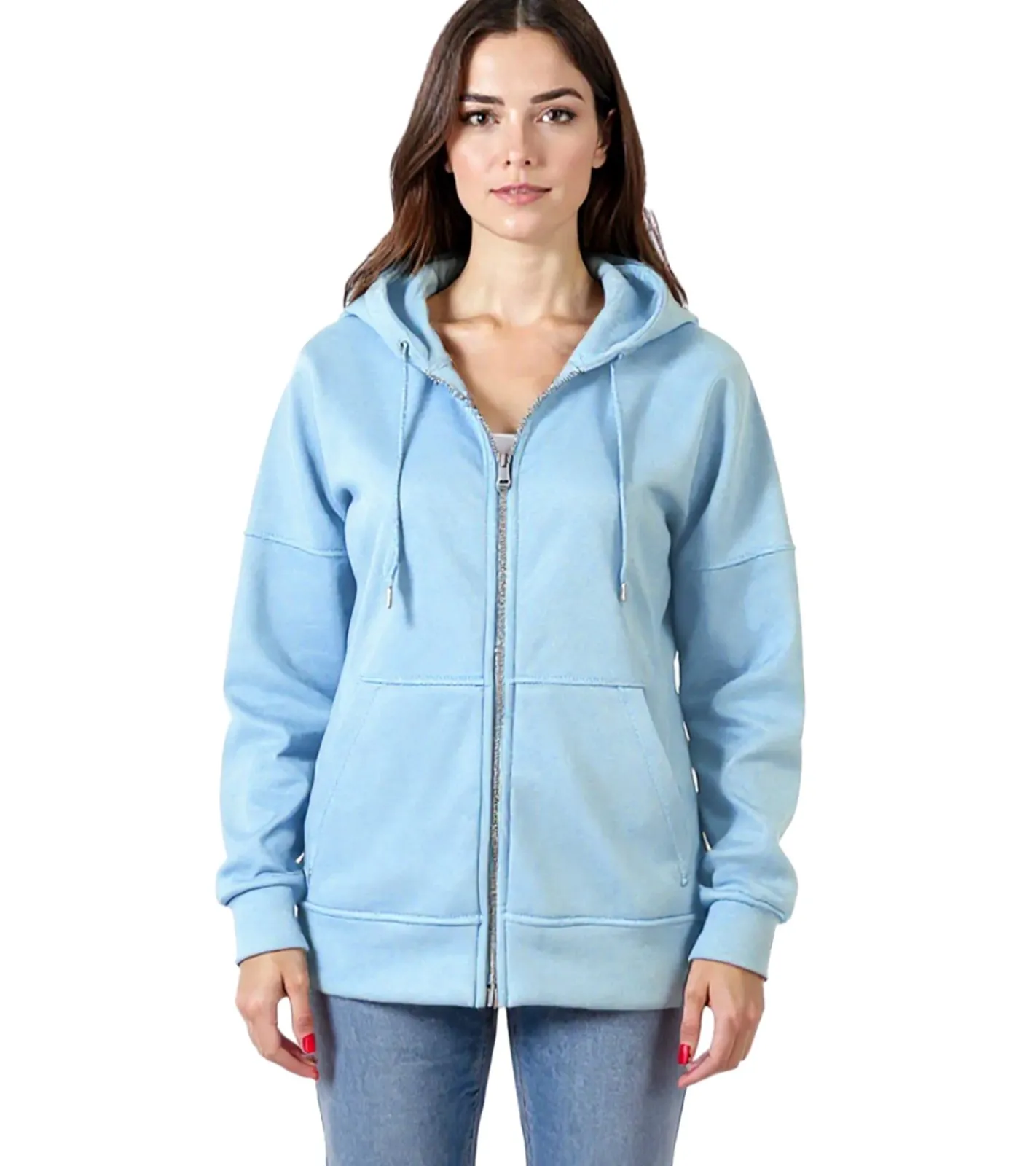 Mäntel & Jacken|Sweater & Pullover*ZEGY Damen Sweat-Jacke mit Kapuze Baumwoll-Sweater Zip Hoodie 1083 Hell-Blau