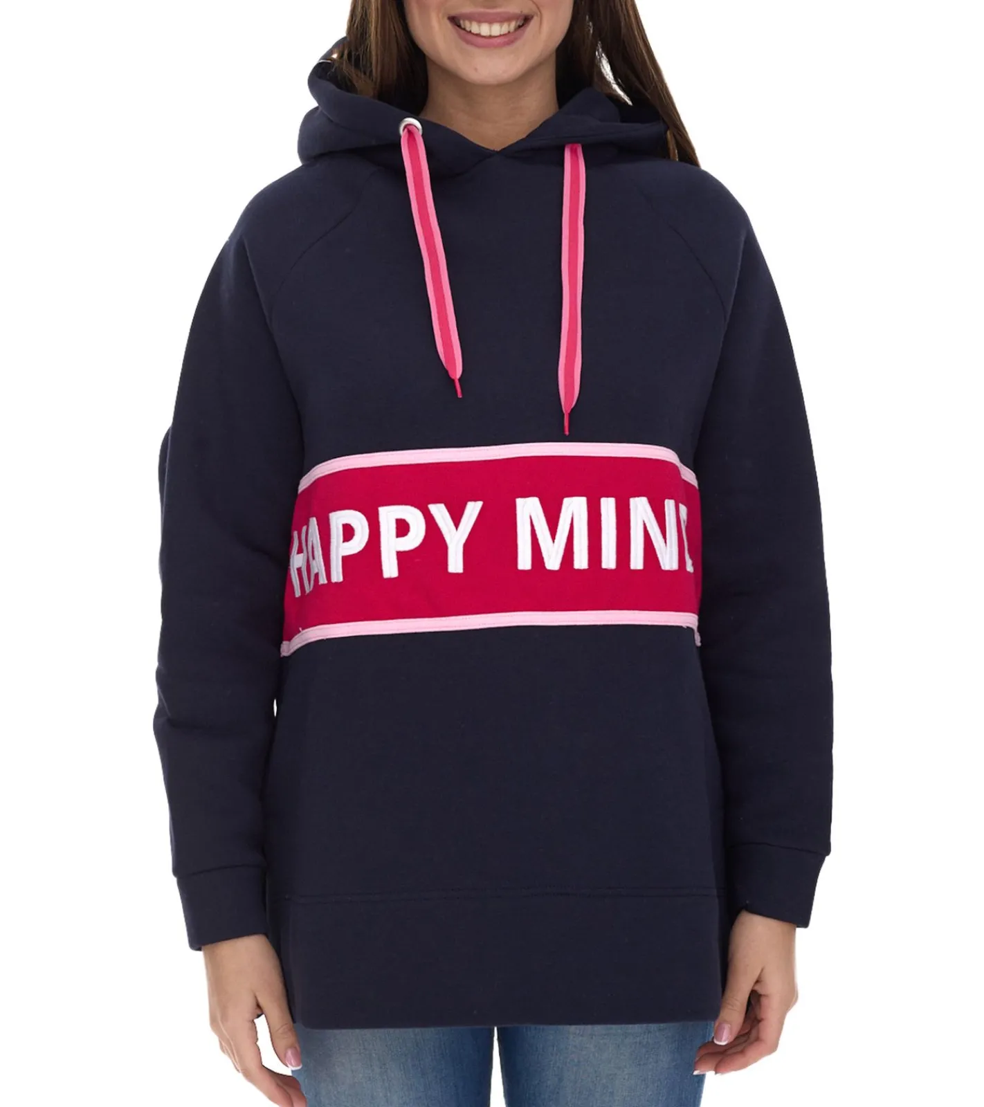 Sweater & Pullover*ZWILLINGSHERZ Beate Hoodie Damen Kapuzen-Pullover mit umlaufendem HAPPY MIND Schriftzug Baumwoll-Sweater 31069-1008-2 Dunkelblau