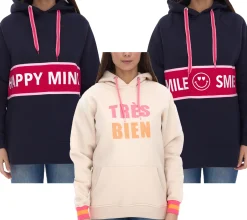 Sweater & Pullover*ZWILLINGSHERZ Hoodie Damen Kapuzen-Pullover mit Statement Print Baumwoll-Sweater Dunkelblau oder Beige Beate