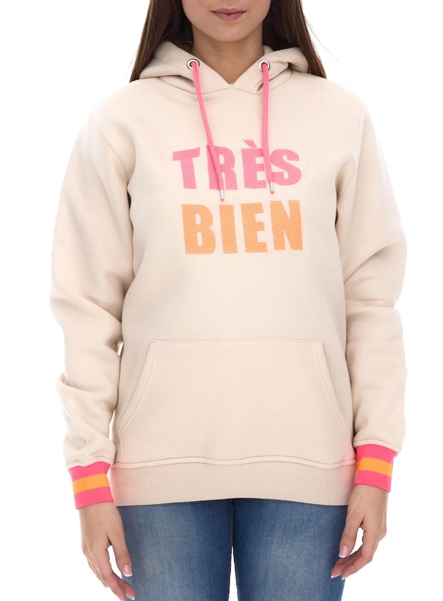 Sweater & Pullover*ZWILLINGSHERZ Hoodie Damen Kapuzen-Pullover mit Statement Print Baumwoll-Sweater Dunkelblau oder Beige Beate